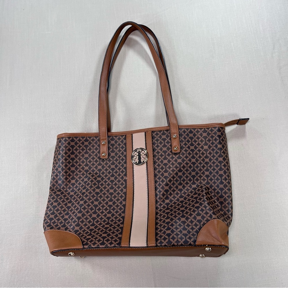 Women’s Brown Monogram Print Tote Bag Large Zip Top Work Everyday Purse